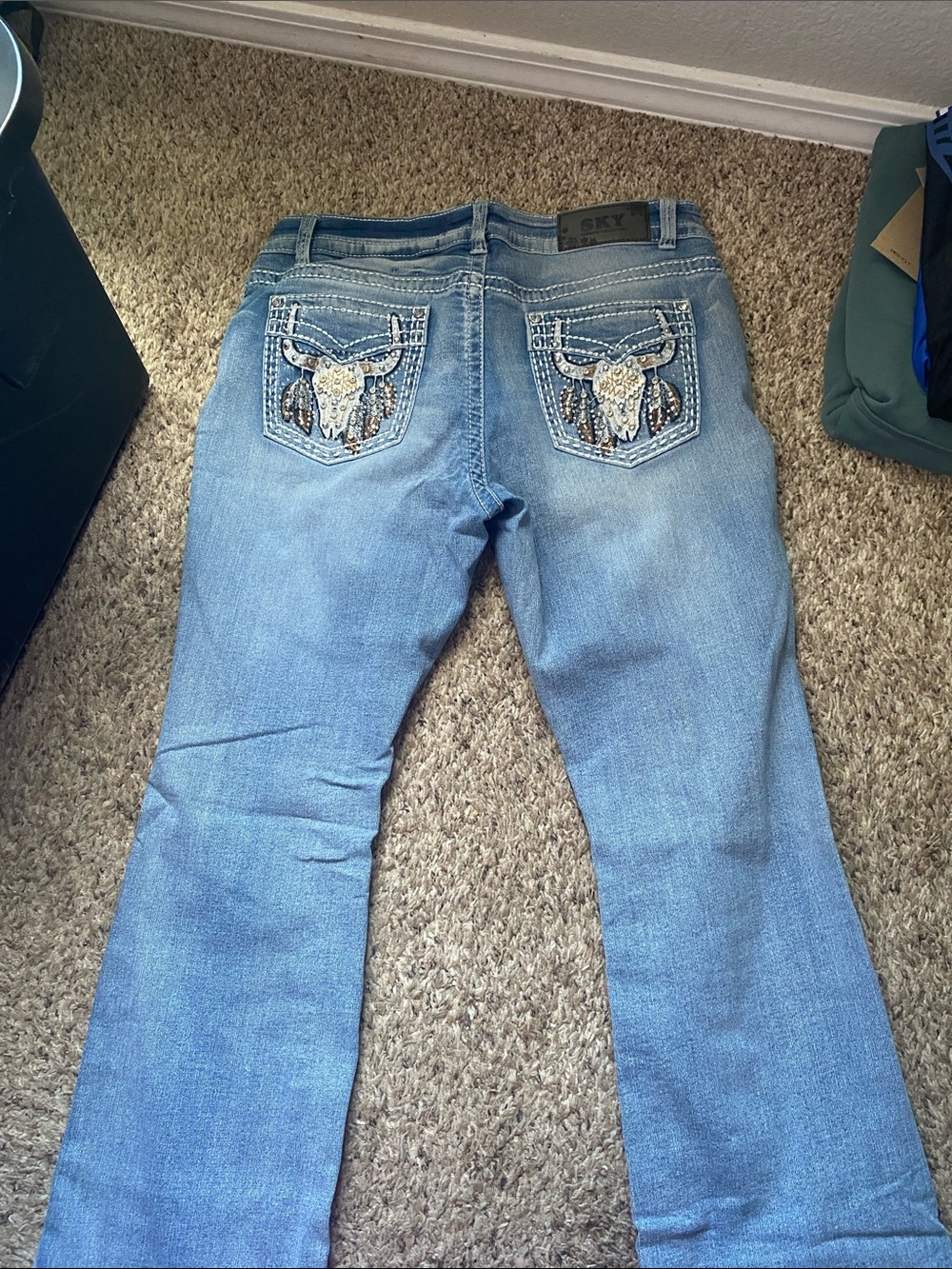 Sky Light Blue Bootcut Jeans with Beaded Bull Skull Pockets